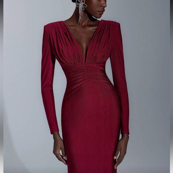 Elegant Burgundy Deep V Neck Long Sleeve StretchyDress
